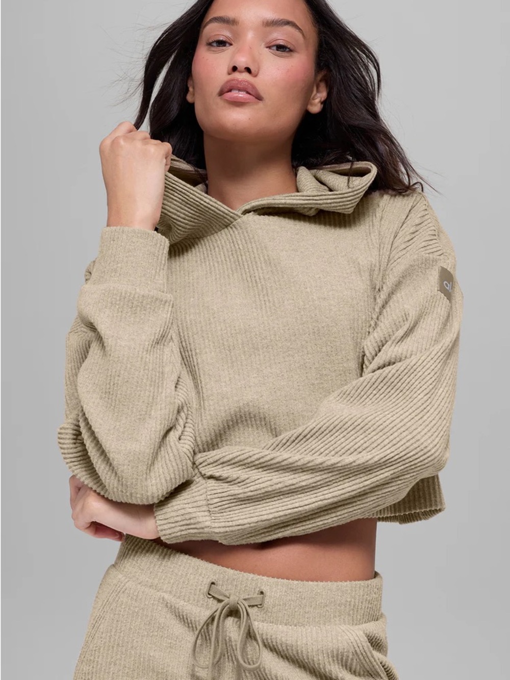 ALO Yoga Cropped Cowl Neck Sweater in Gravel Heather